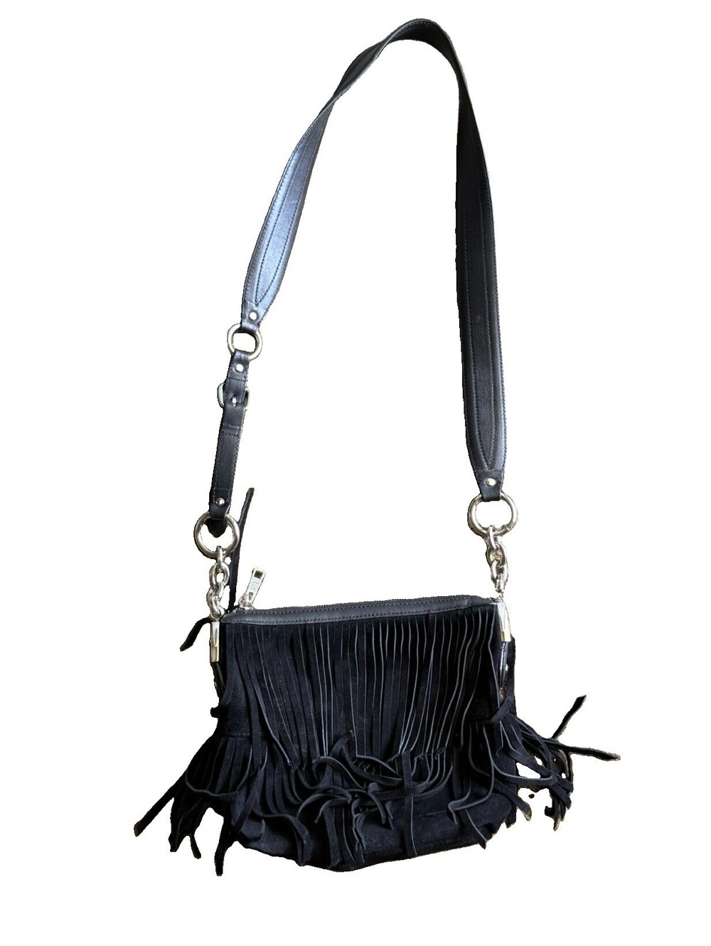 Anne Klein Black Suede Fringe Shoulder Bag Boho Leather Strap Silver Hardware